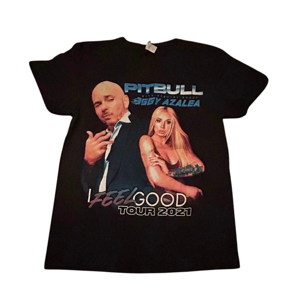 Pitbull And Iggy Azalea I Feel Good Tour 2021 Black Cotton Band Shirt Sz Small